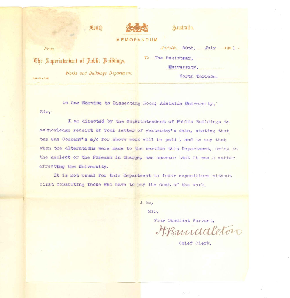 H B Middleton - Chief Clerk - The Superintendent of Public Buildings - Regarding gas service to Dissecting Room