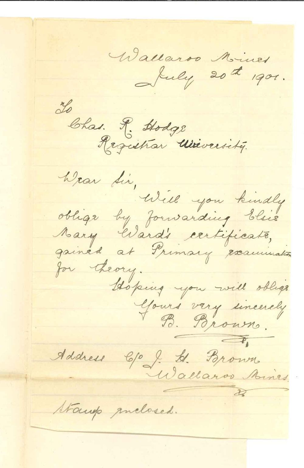 Miss B Brown - Wallaroo Mines - Requesting Certificate for Primary Music Examination