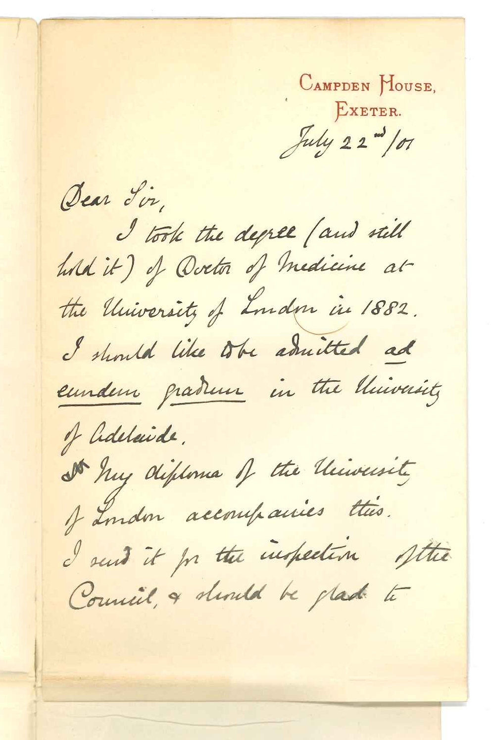 Frederick Lucas Benham MD - Exeter - Admission ad eundem gradum