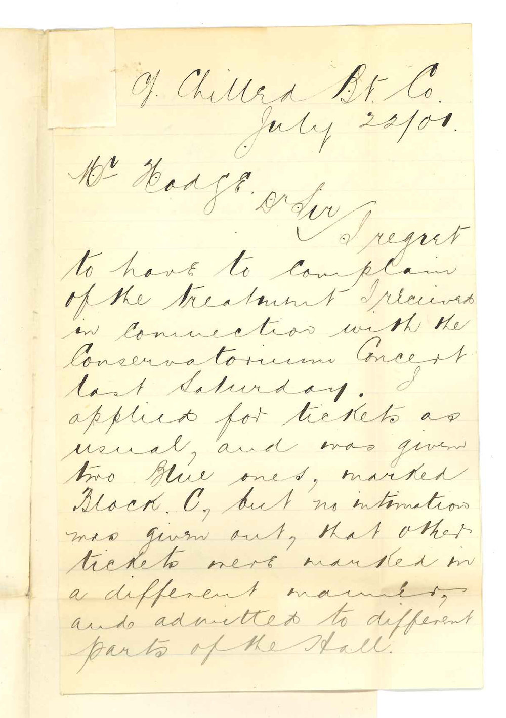 James A Wright - Adelaide - Complaint to treatment at Conservatorium concert