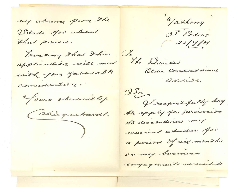 Clarence August Degenhardt - St Peters - Discontinuing lessons at Conservatorium for six months