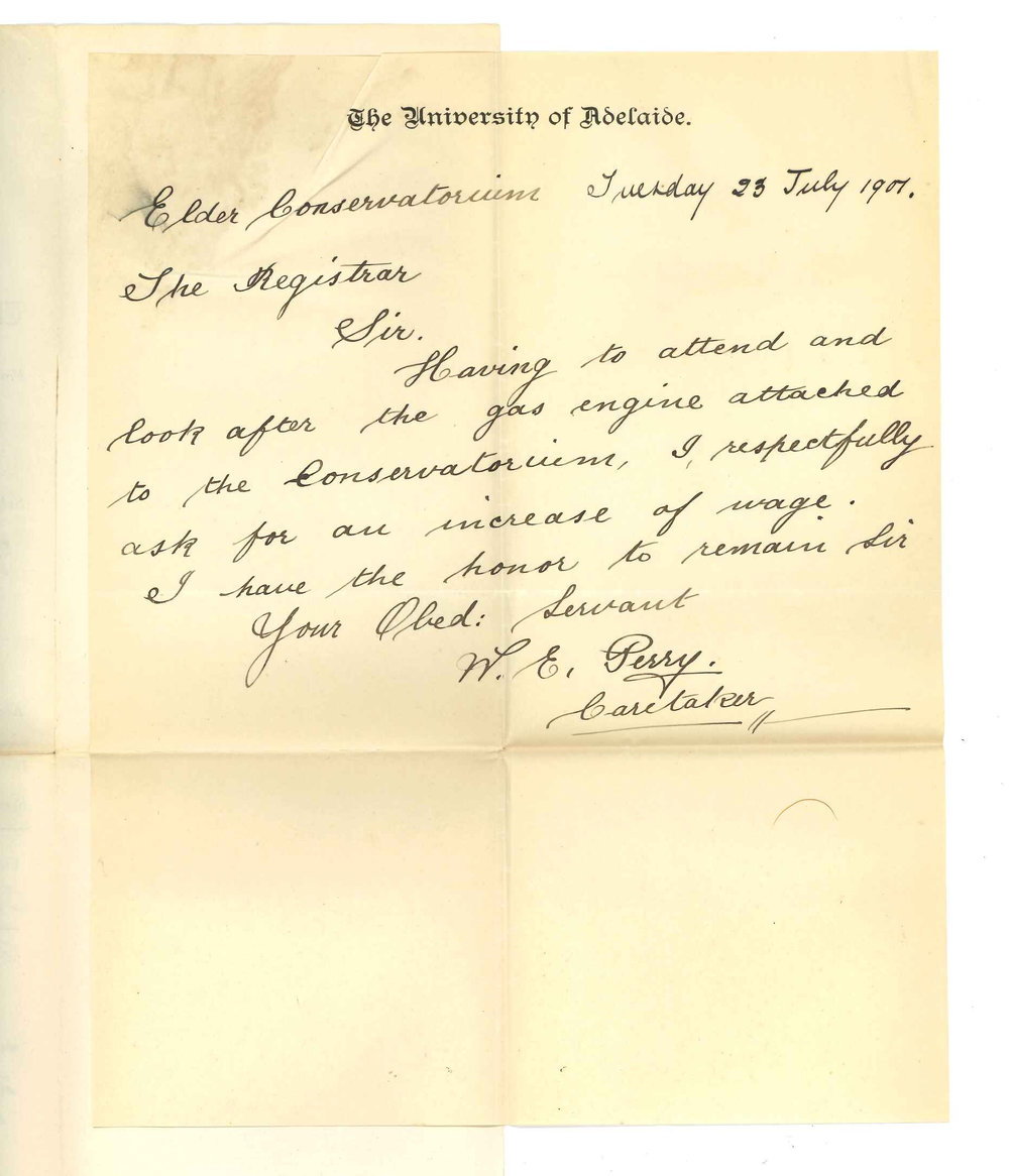W E Perry - The University - Caretaker Conservatorium - Asking for increase of salary