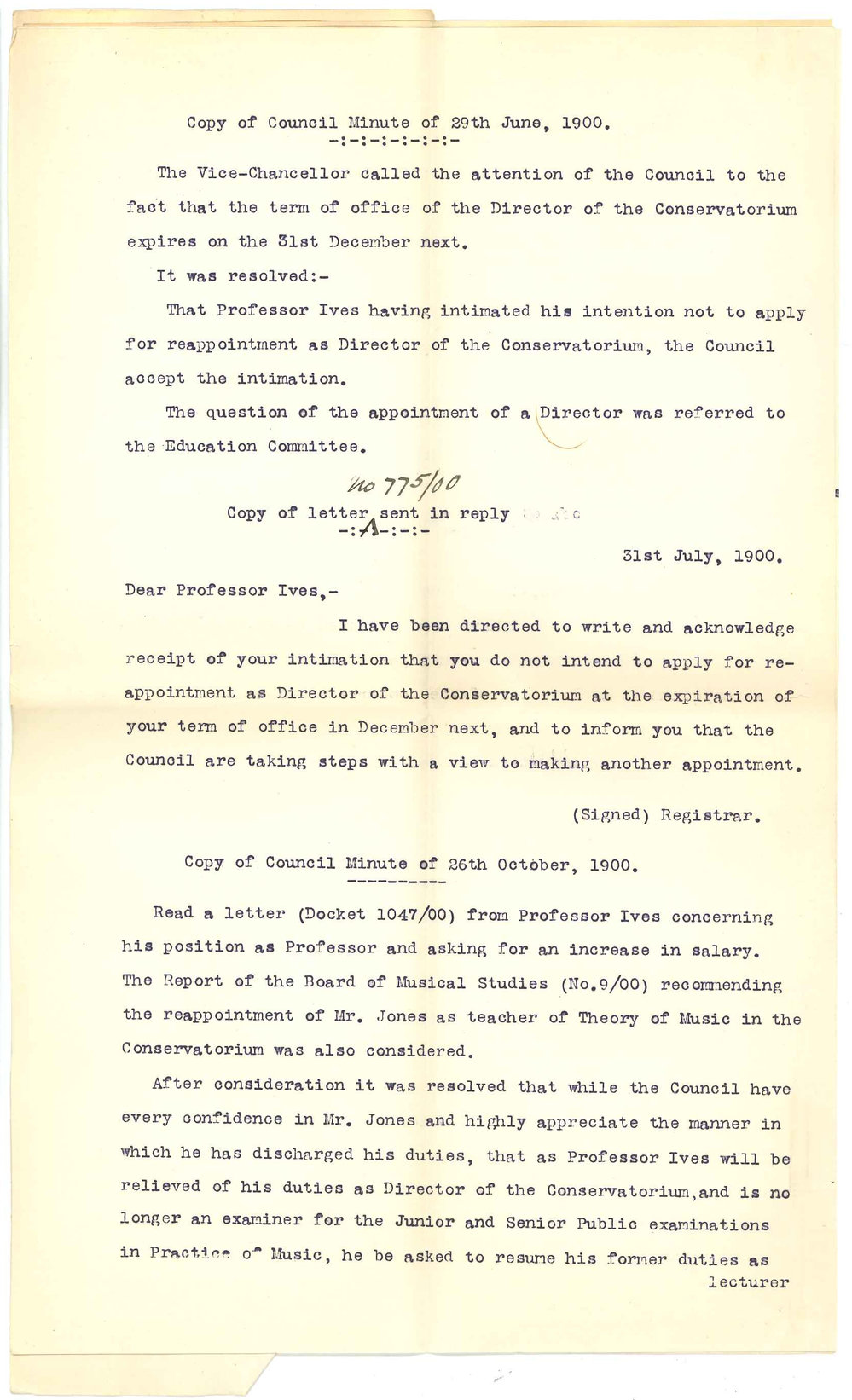 Professor Joshua Ives - The University - Conservatorium - Asking what authority Registrar wrote to him on 31 July and 8 November 1900