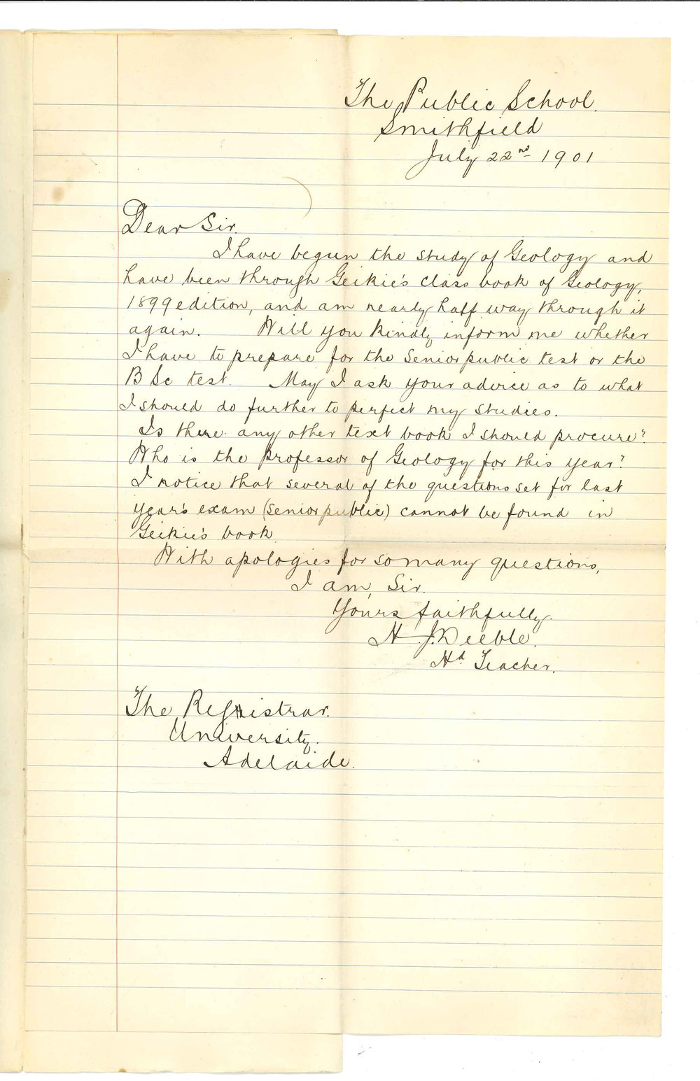 H J Deeble - Public School Smithfield - Inquiries concerning Geology