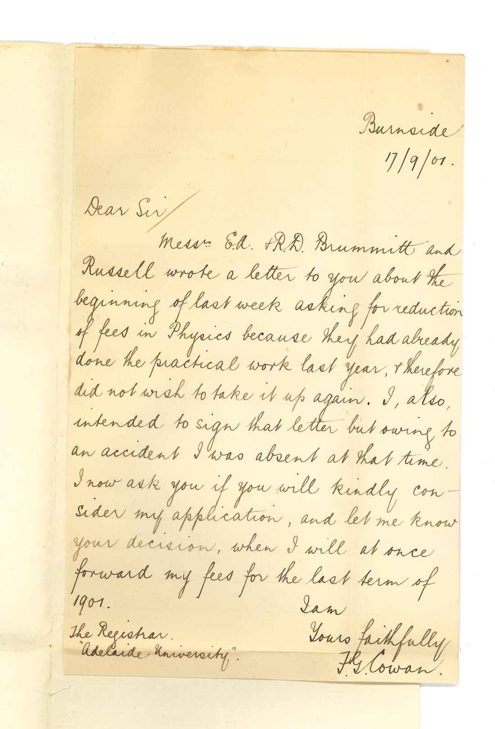 Frank Gladstone Cowan - Burnside - Asking for rebate of fees for Practical Physics