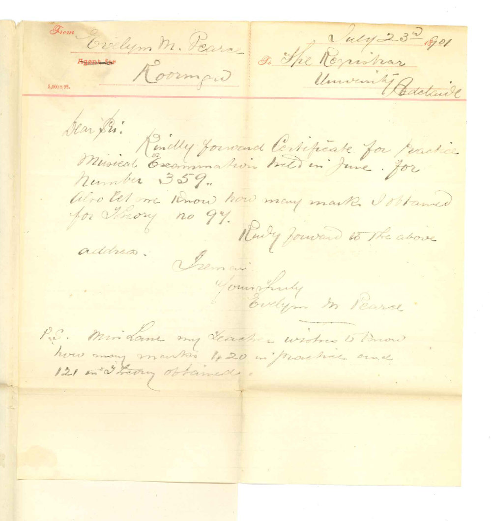 Miss Evelyn M Pearce - Kooringa - Requesting Certificates and cards of mark for Primary Music Examination