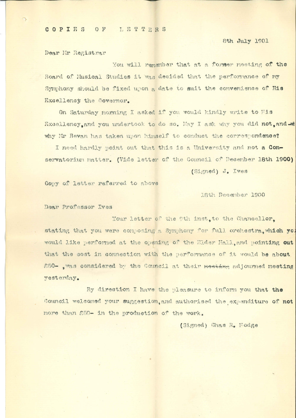Professor Joshua Ives - The University - Correspondence with reference to Symphony