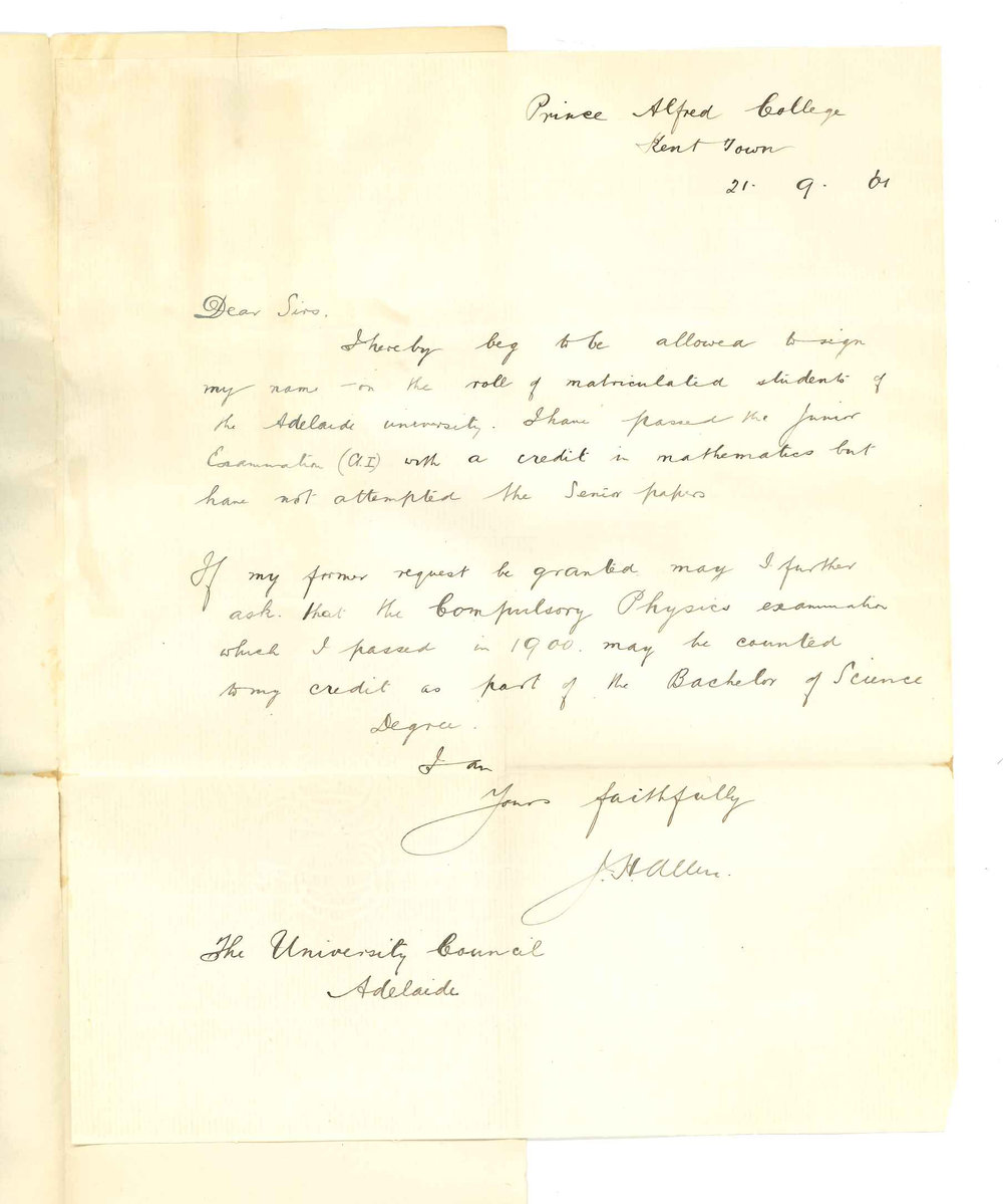 J H Allen - Kent Town - Asking for credit for Physics passed 1900 and that he may be enrolled