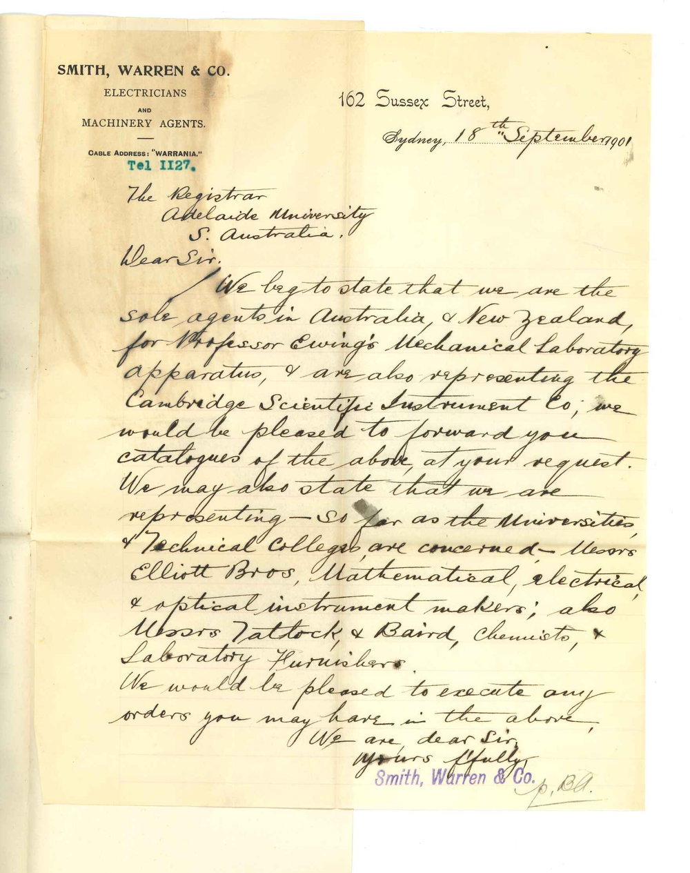 Smith Warren and Company - Sydney - Offering to supply catalogues for apparatus