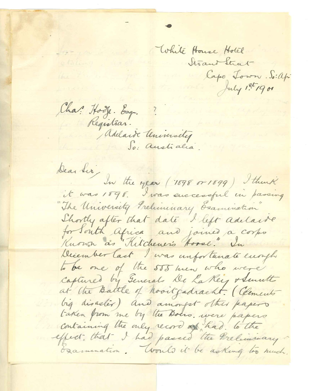 J Campbell Johnson - Cape Town - Asking for a letter stating that he passed the Preliminary Examination in 1898 or 1899