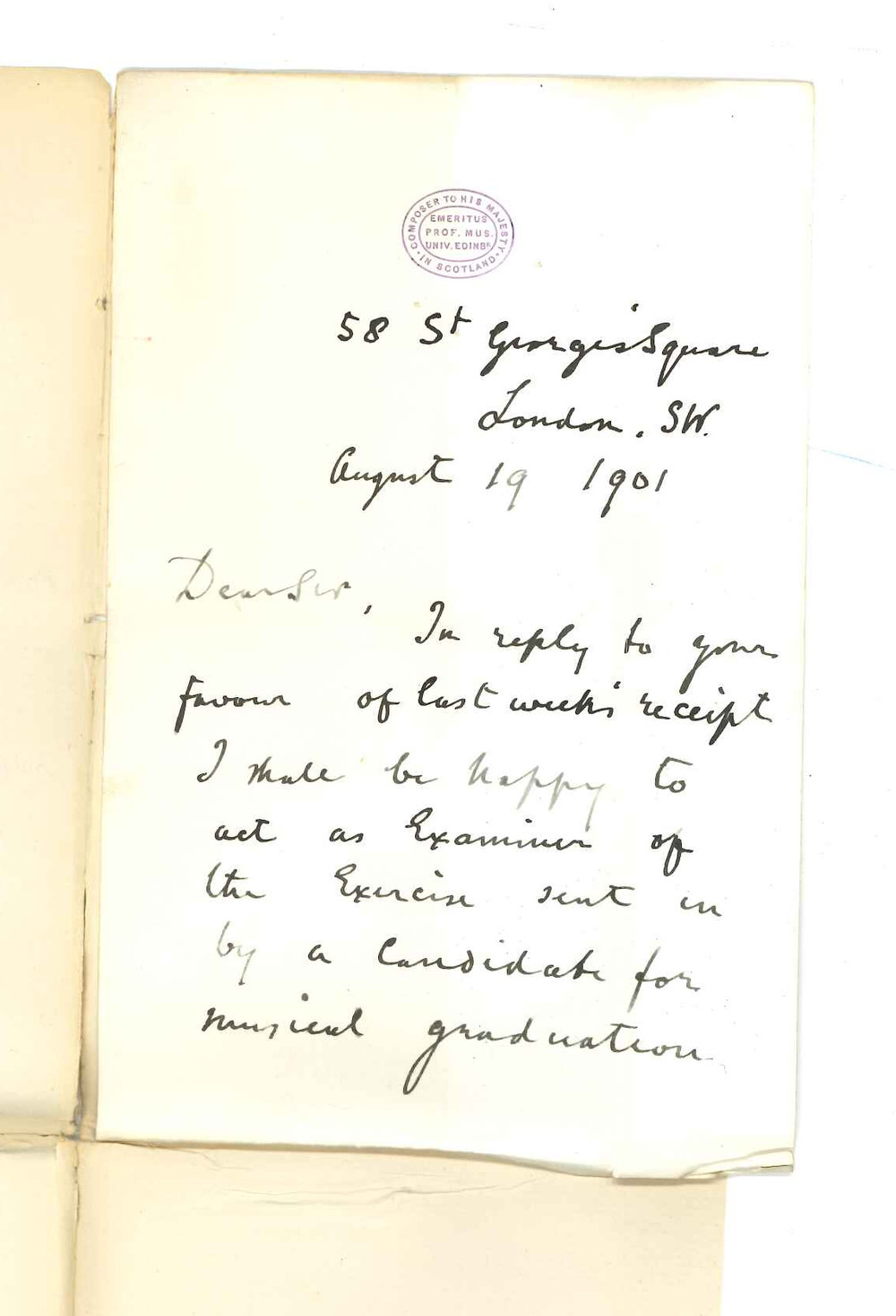 Sir Herbert Oakeley - London - Will act as examiner for Music Bachelor Exercise