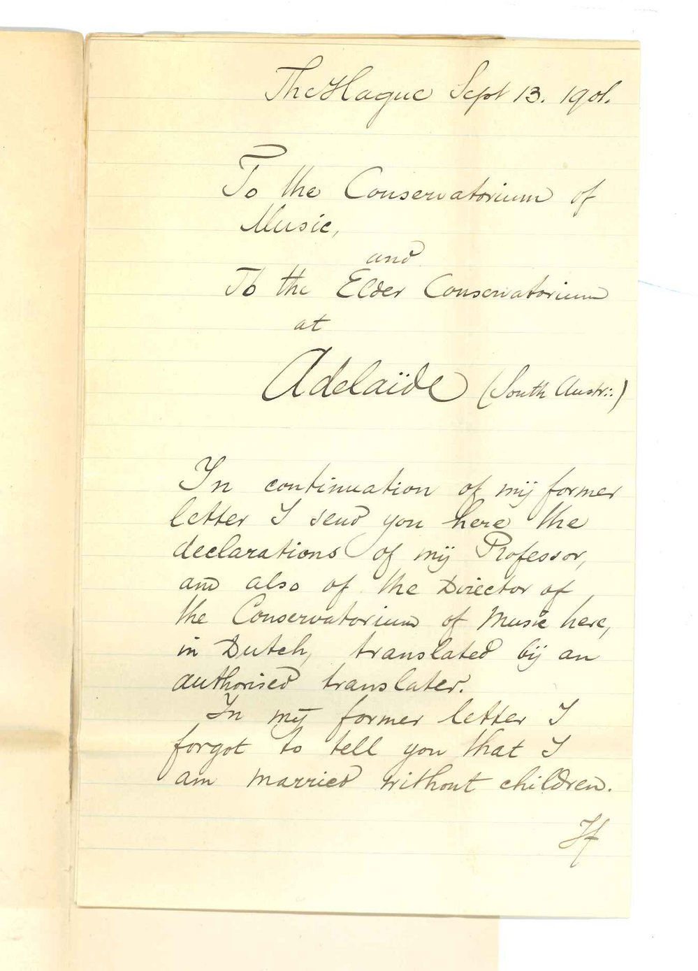 J R Gravelotte - Holland - Application for position of Professor of Music