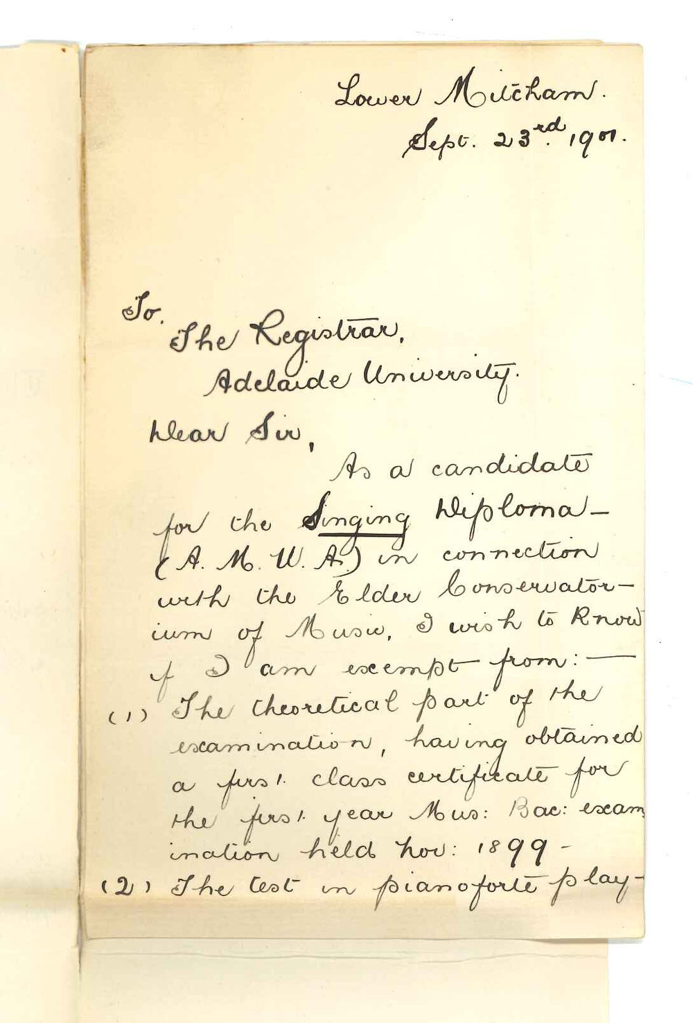 Miss H May Whillas - Lower Mitcham - Questions concerning Associateship in Singing