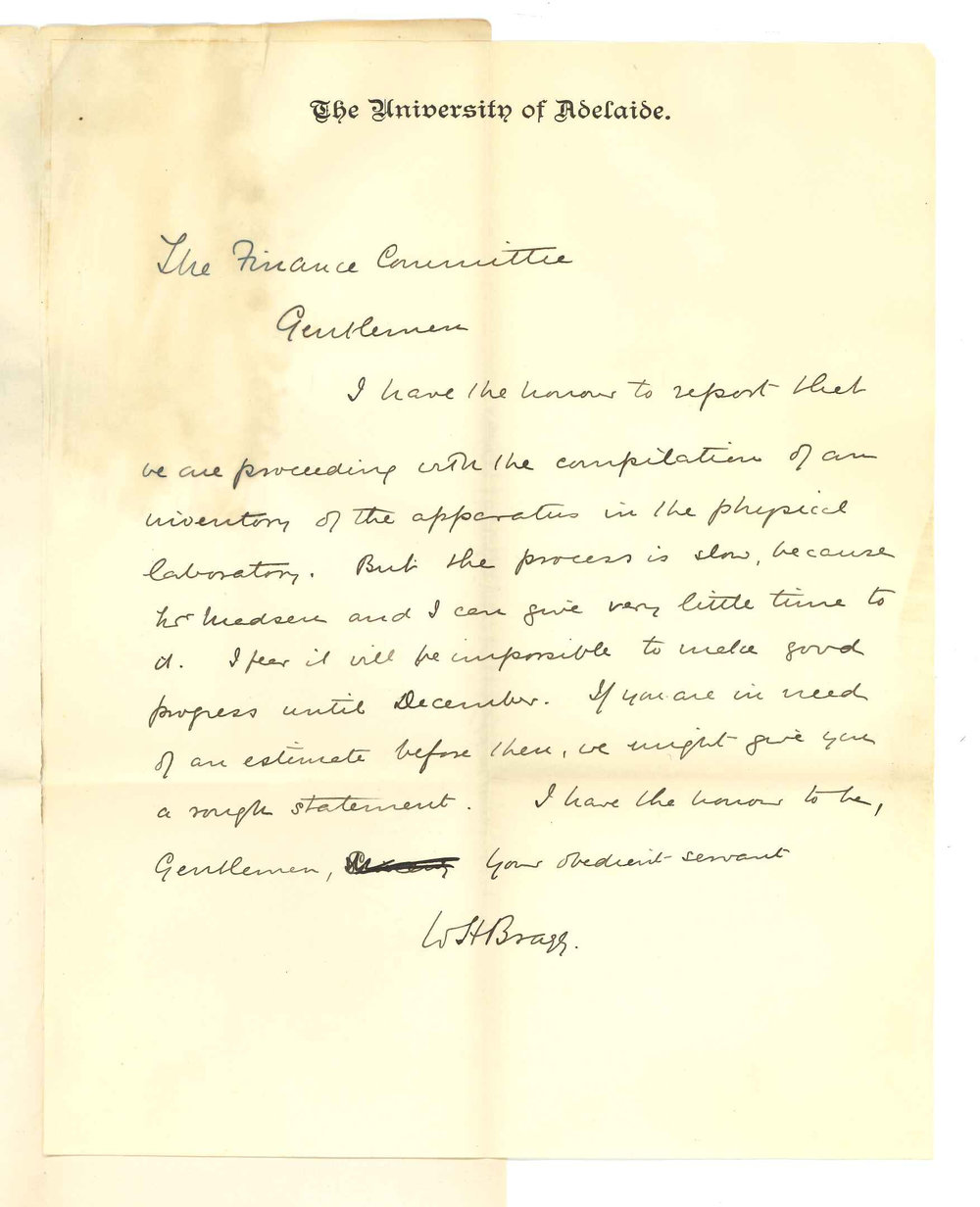 Professor William Henry Bragg - The University - Concerning the compilation of an inventory of apparatus in Physical Laboratory