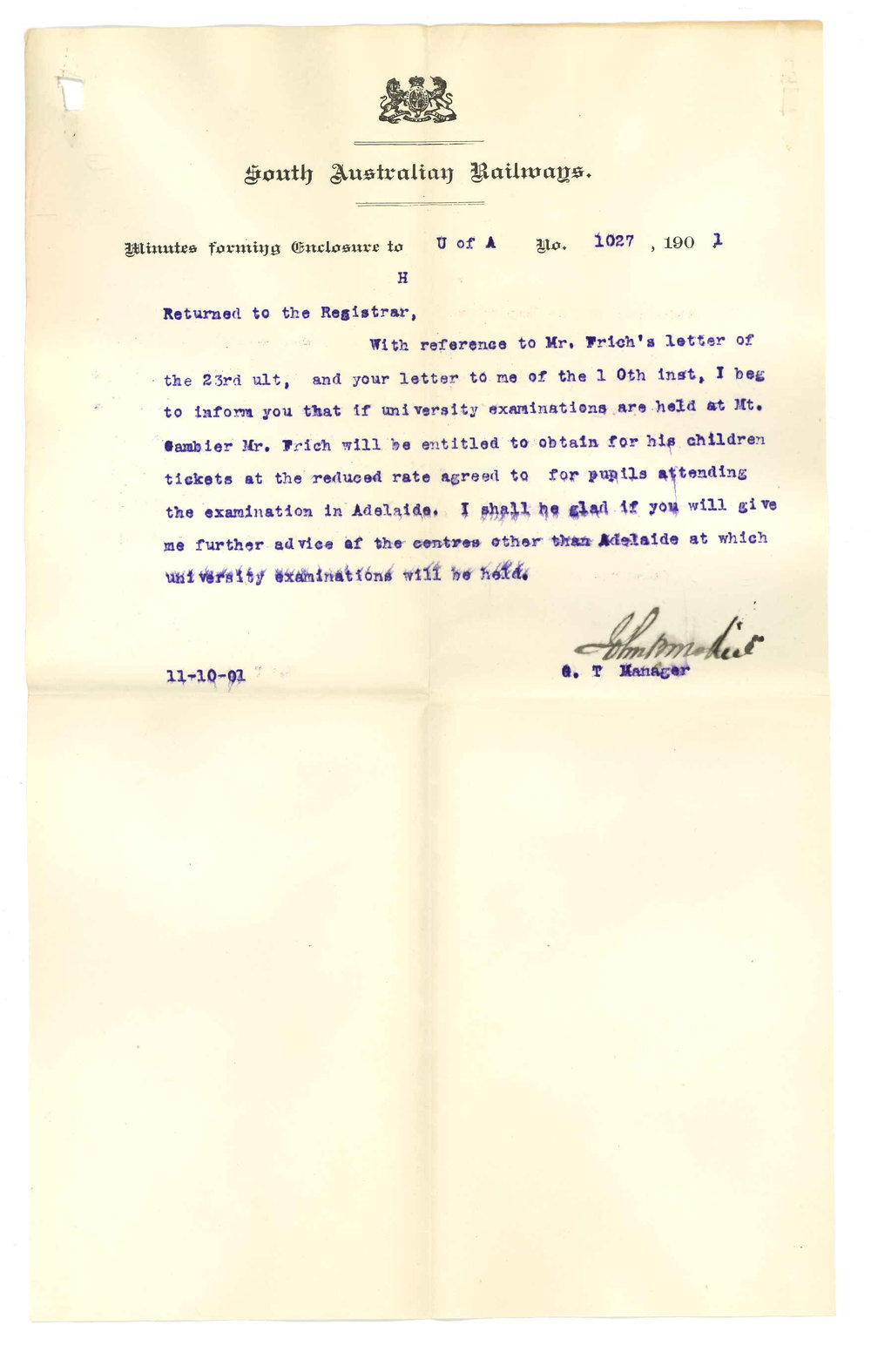 L Frich - Beachport - Reduction of railway fares to candidates attending University Examinations