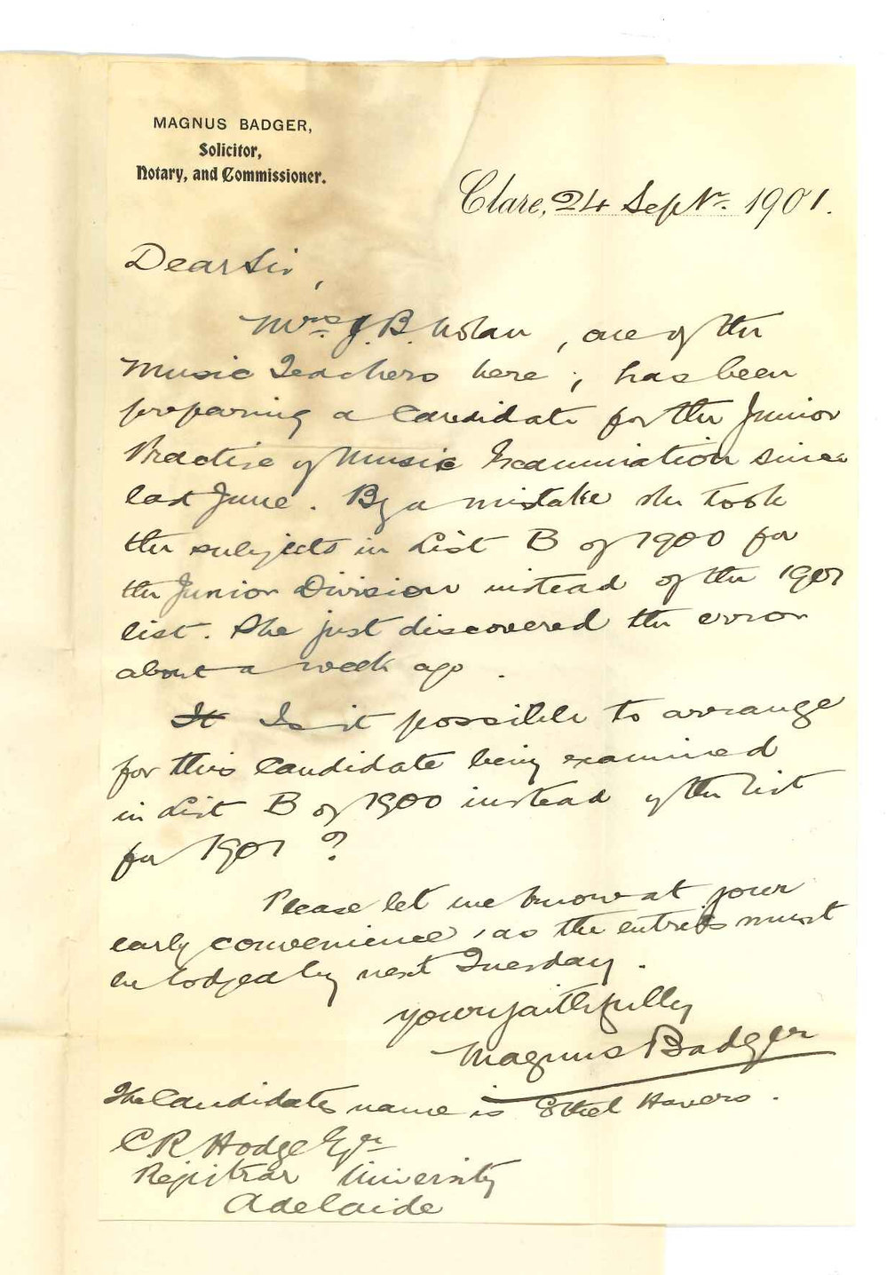 Magnus Badger - Clare - Concerning a candidate of Mrs J B Nolan and Music for Public Examinations