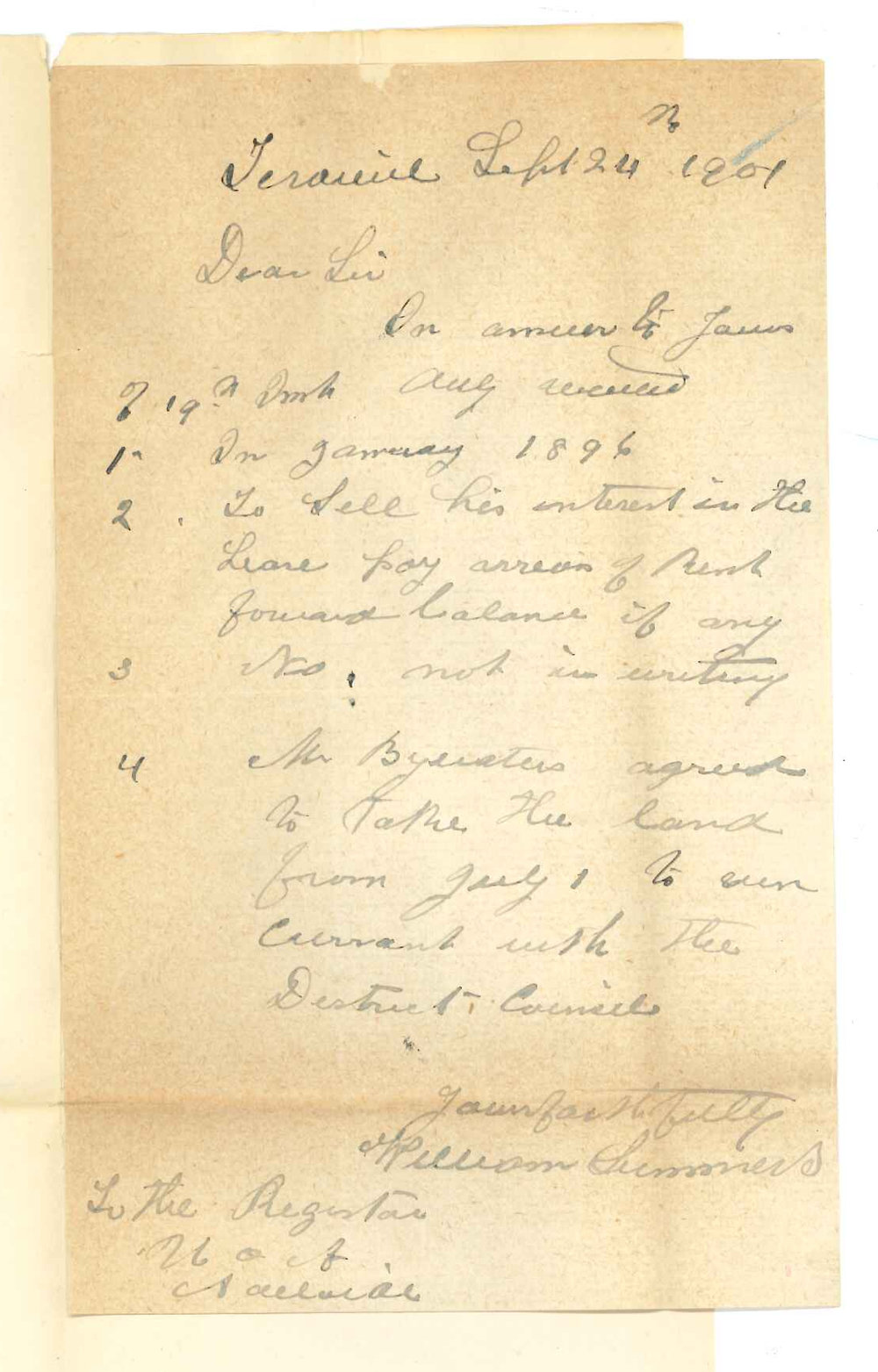 William Summers - Terowie - Information regarding Sims lease