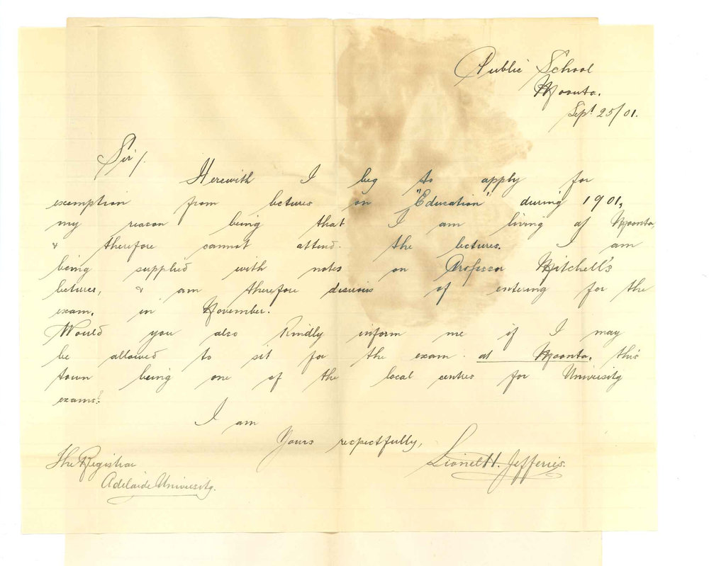 Lionet H Jefferies - Moonta - Exemption from attendance at lectures and if he may be examined at Moonta