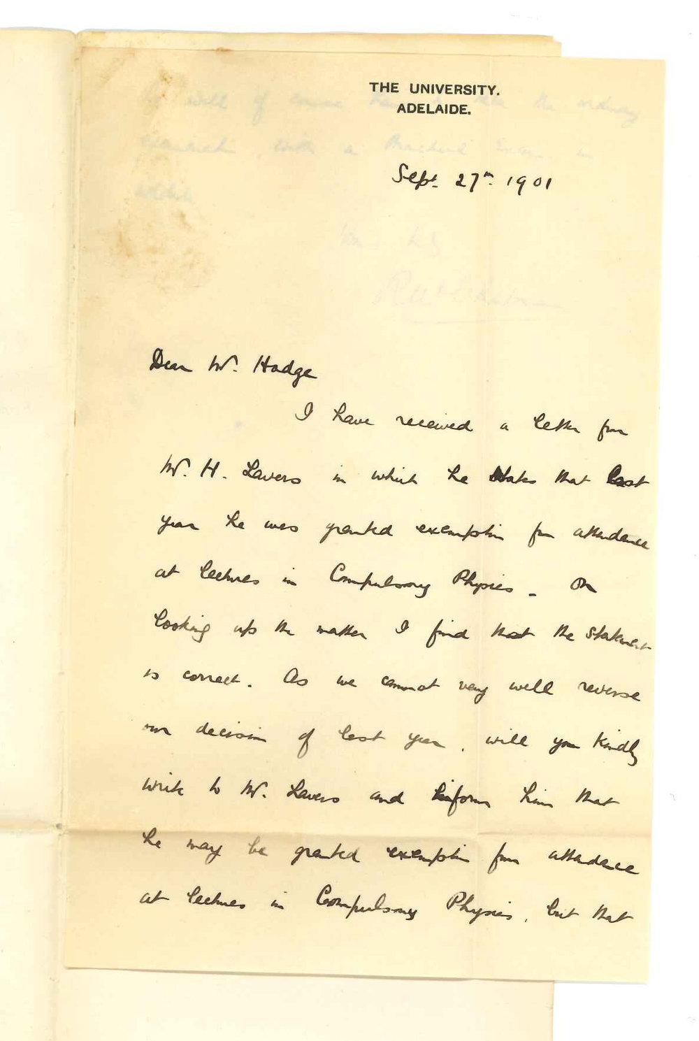 Professor Robert William Chapman - The University - Granting Mr H Lavers exemption from attendance at lectures on Compulsory Physics