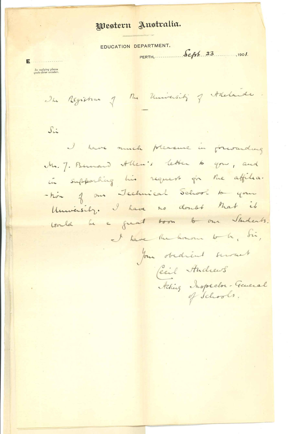 J Bernard Allen and Cecil Andrews - Perth WA - Affiliation of Perth Technical School with University