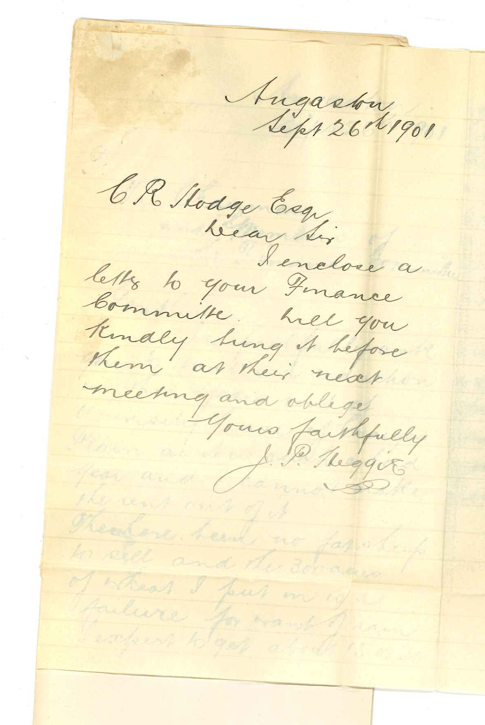 James P Heggie - Angaston - Asking for reduction of rent for this year for land at Craigies Plain