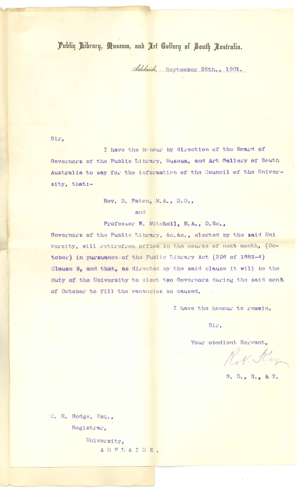 Robert Kay - Public Library Museum and Art Gallery of South Australia - Adelaide - Election of representatives of University on Board of Governors of the Public Library
