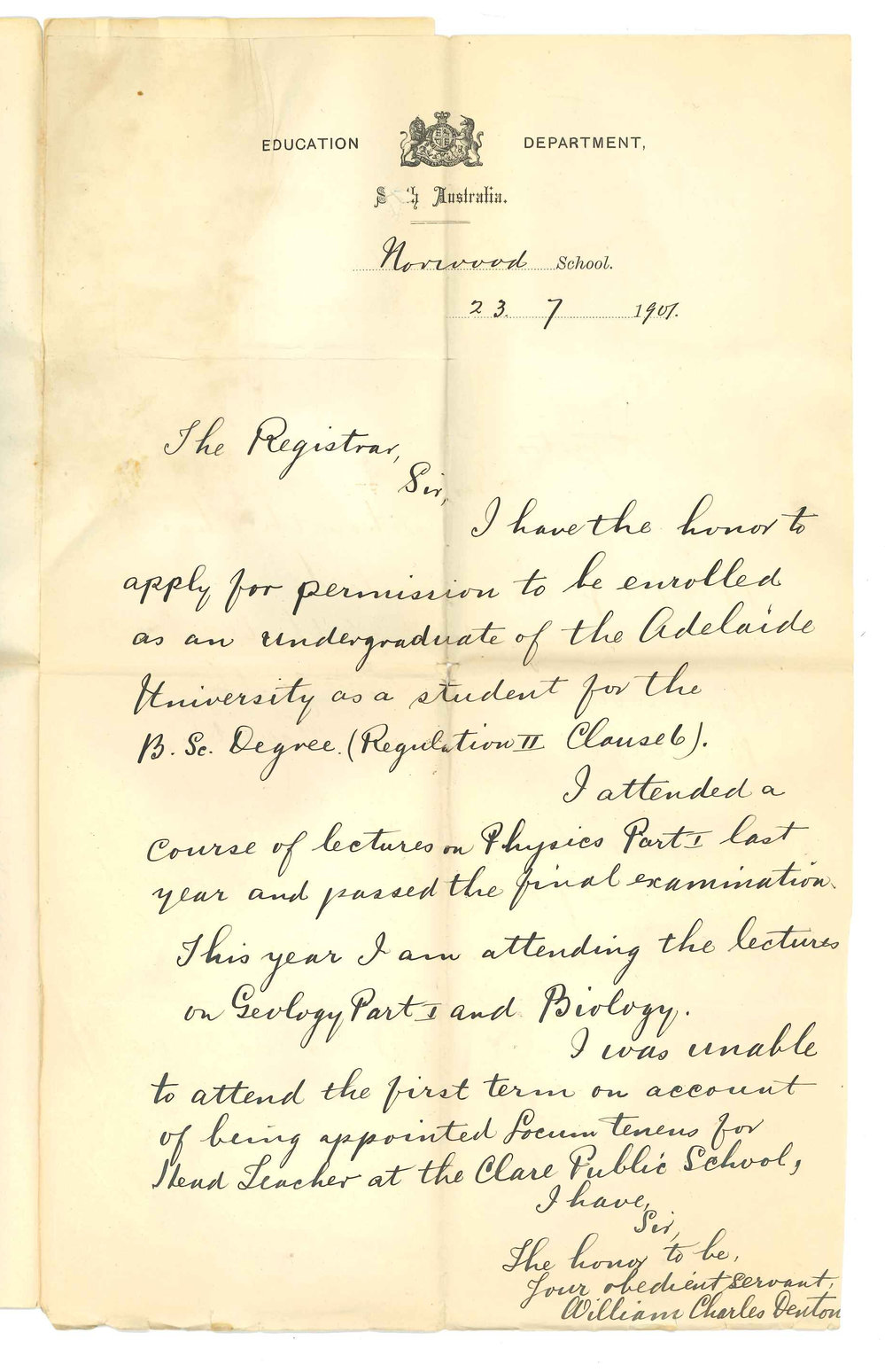 William Charles Denton - Norwood - Admission as an undergraduate