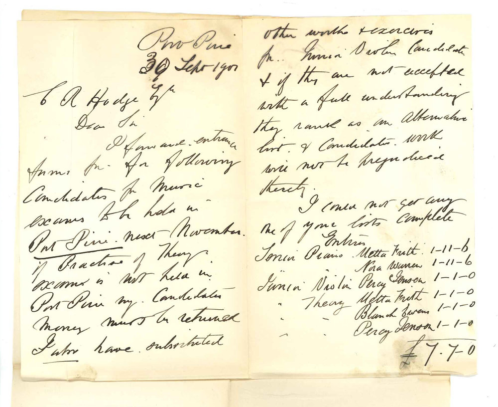 Caulfield Barton - Port Pirie - Forwarding entries for Music Examinations - Request candidates fee be returned if lists selected by him are not accepted as an alternative list