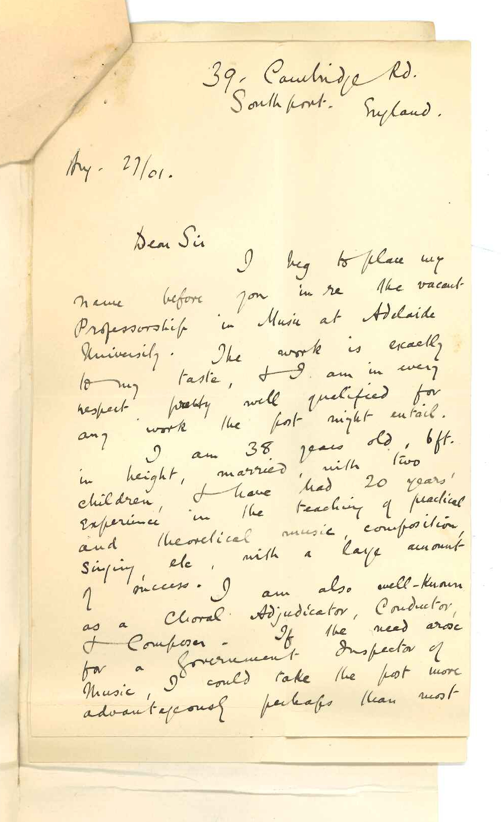 Edward E Harper - South Port England - Application for the position of Professorship of Music