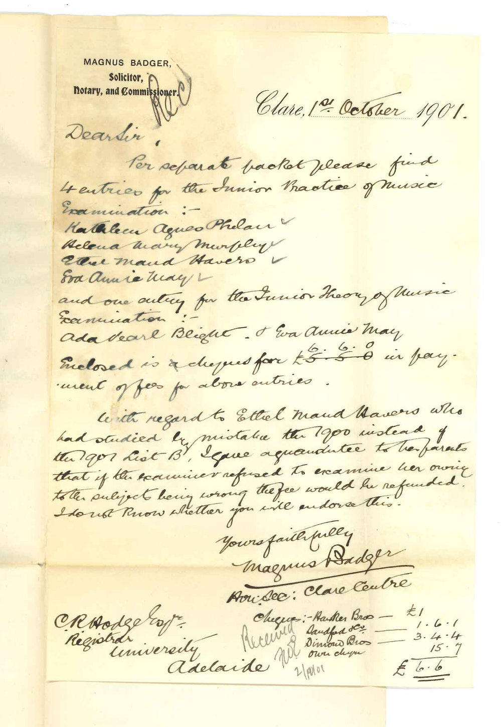 Magnus Badger - Clare - Forwarding entries for Music Examinations and Miss E M Havers entry