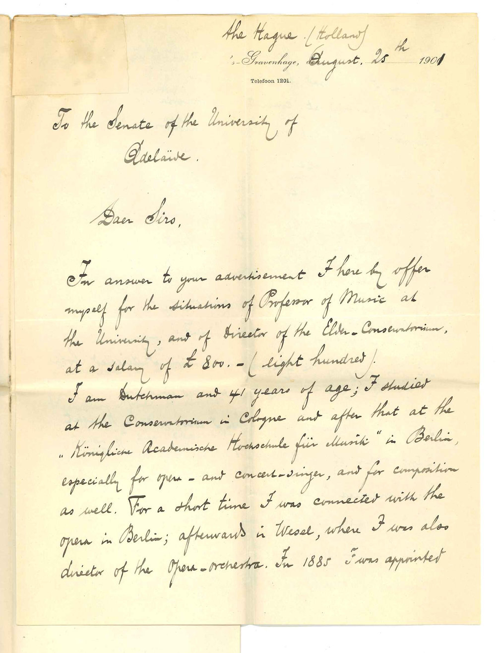 Arnold Spoel - Holland - Application for position of Professor of Music