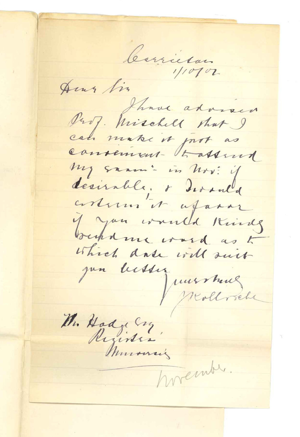 John Kollosche - Carrieton - Concerning date of MA Examination