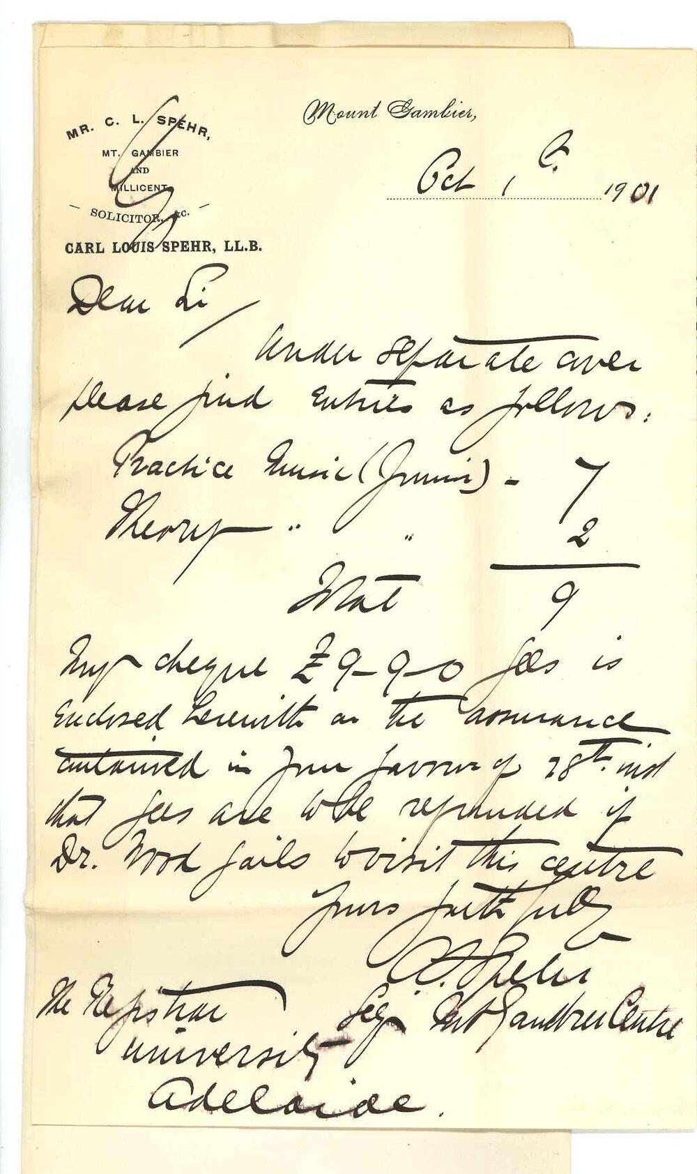 Carl Louis Spehr LLB - Mount Gambier - Forwarding entries for Music Examinations - Requesting fees to be returned if examination not held there