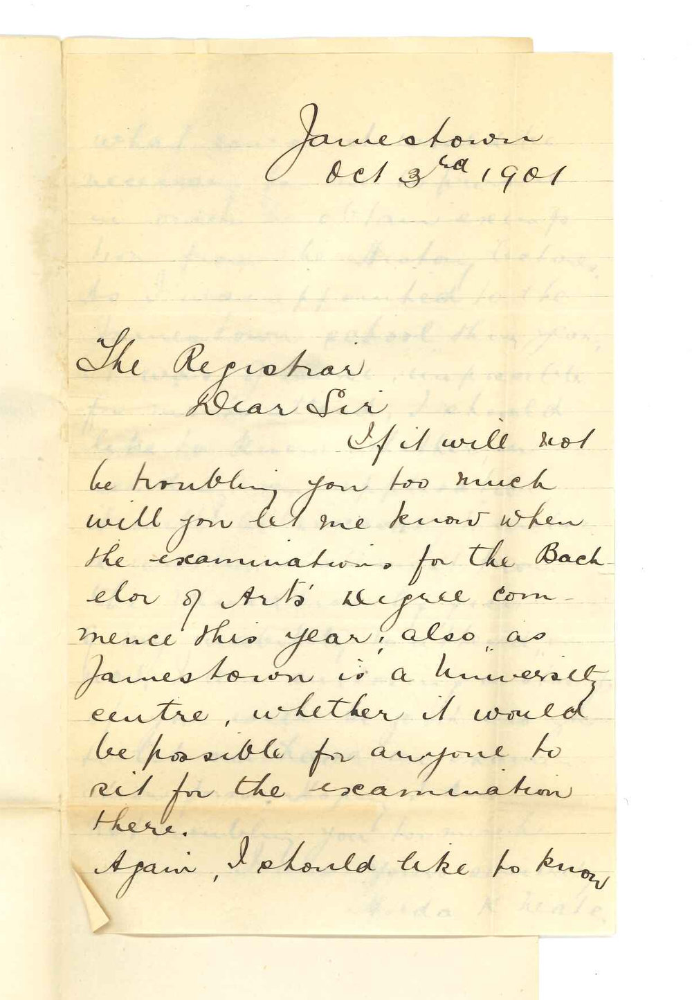 Miss Hilda K Neate - Jamestown - Asking for date of BA Examination and concerning exemption from lectures