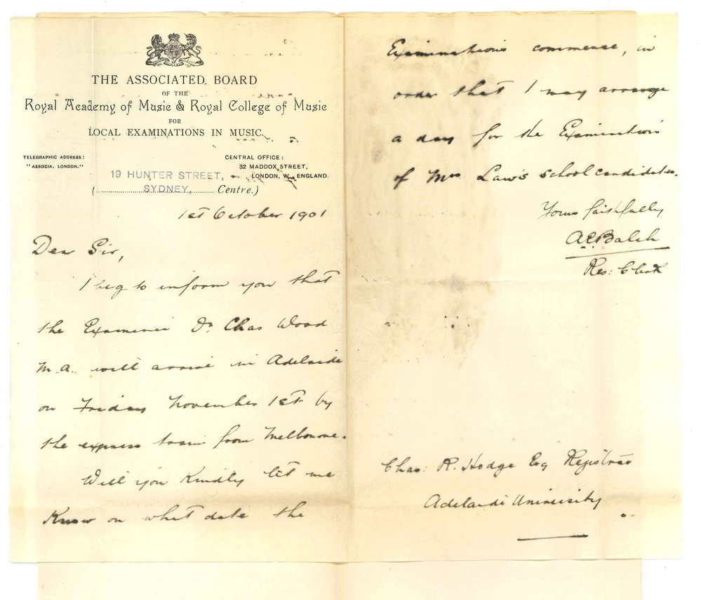 A E Balch - Resident Clerk - Associated Board - Sydney - Asking for date of music Examinations