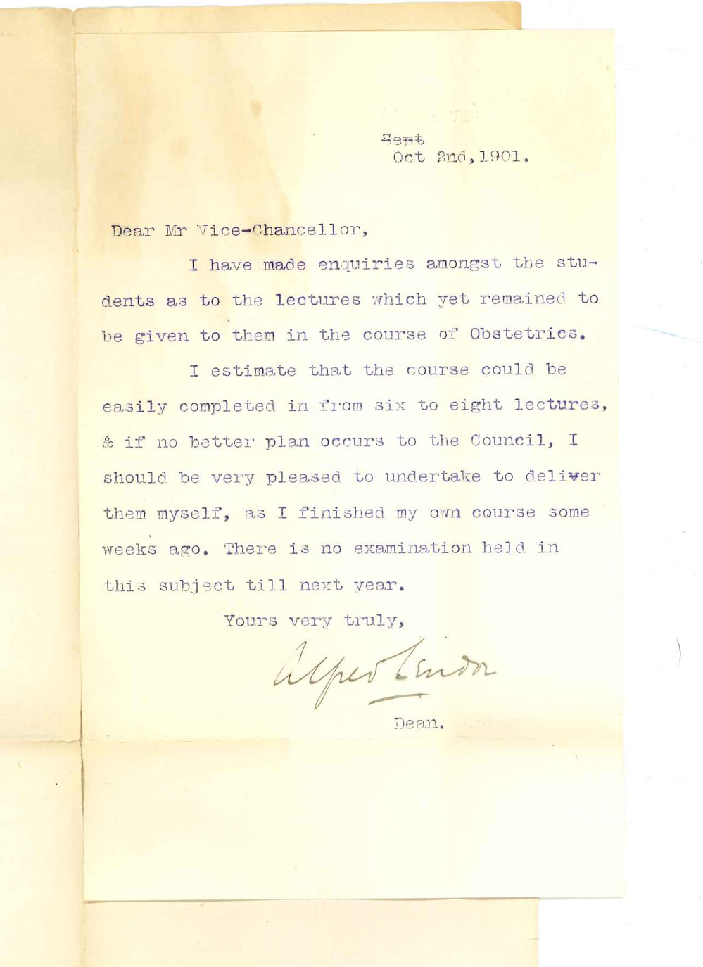 Dr Alfred Lendon - Adelaide - To Vice Chancellor - Lectures on Obstetrics for 1901