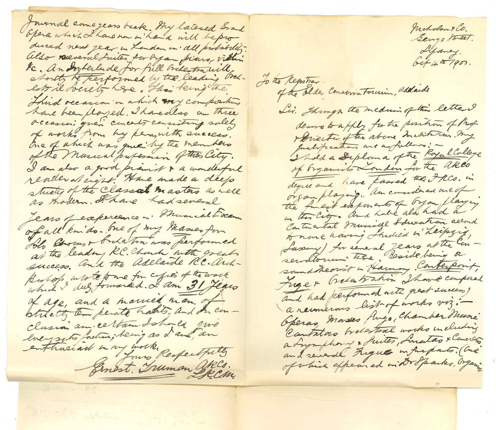 Ernest Truman - Sydney - Application for position of Professor of Music