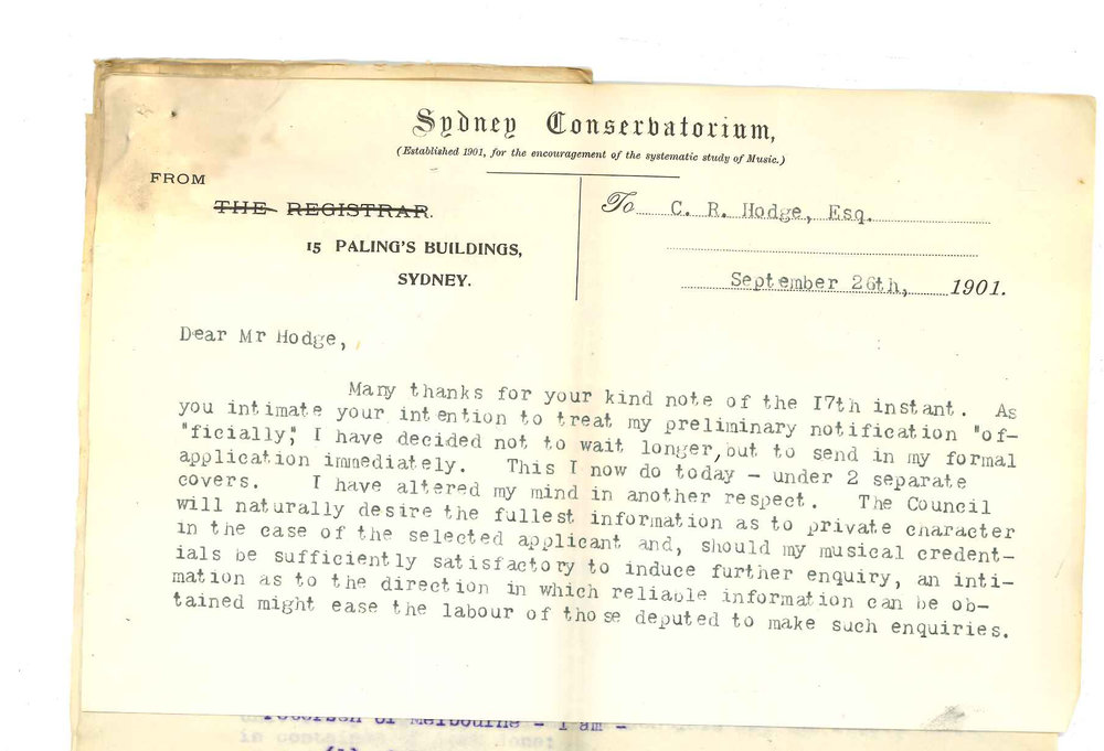 William H Wale - Sydney Conservatorium - Application for position of Professor of Music