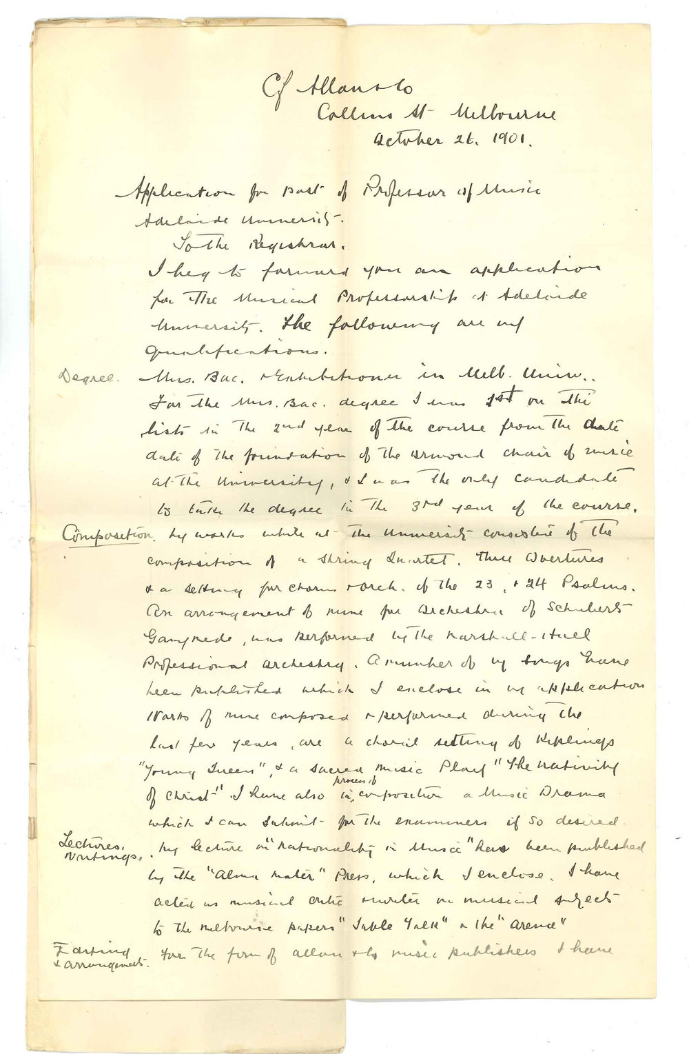 Arthur Chanter - Melbourne - Application for the position of Professor of Music