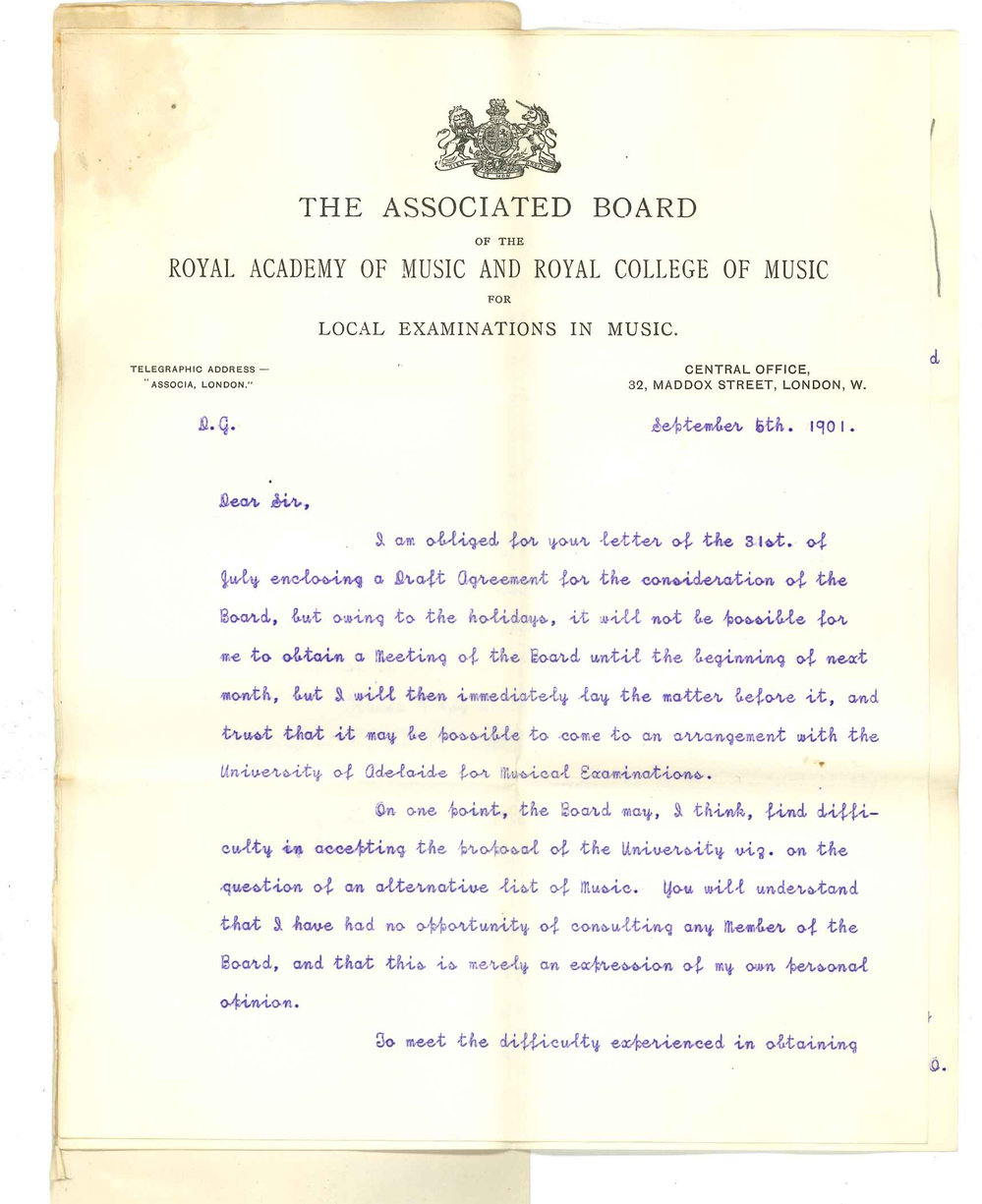James Muir - Secretary - The Associated Board of RAM and RCM London - Concerning agreement between University and Associated Board