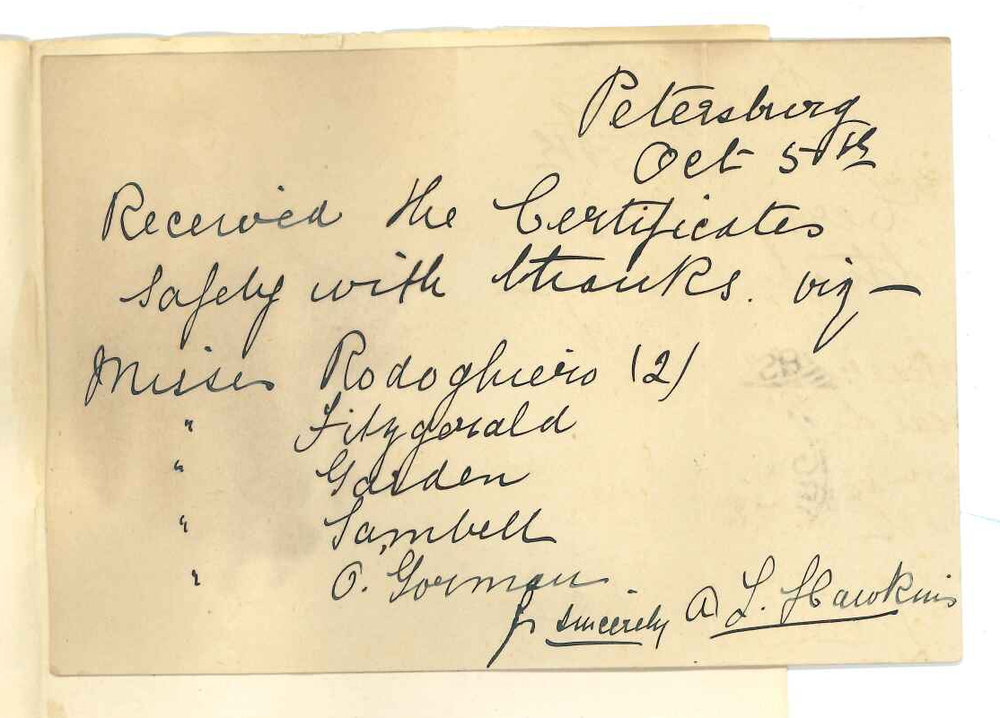 Miss A L Hawkins - Petersburg - Acknowledging receipt of Certificates