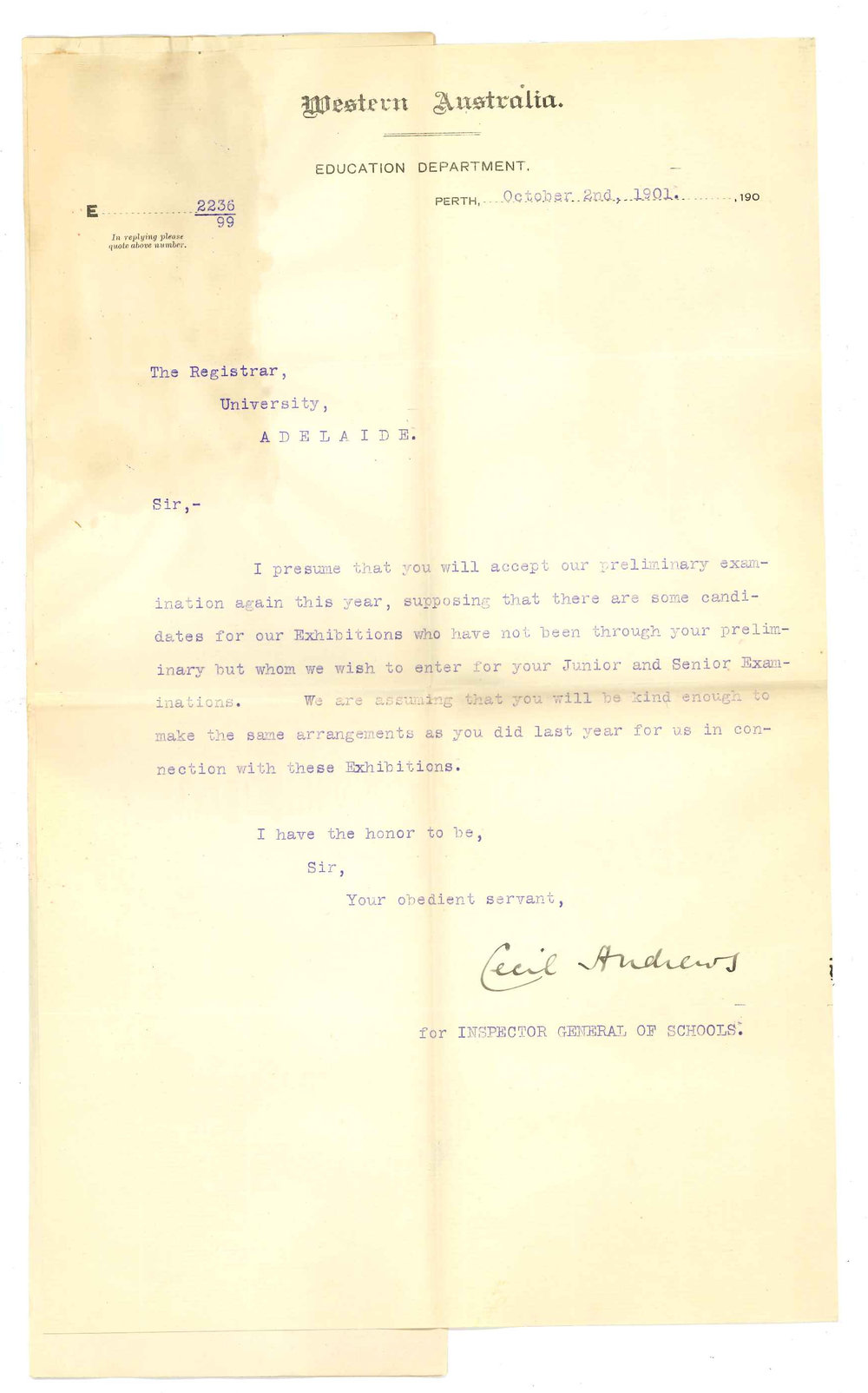 Cecil Andrews - Perth - Concerning Examinations for Government Exhibitions in Perth
