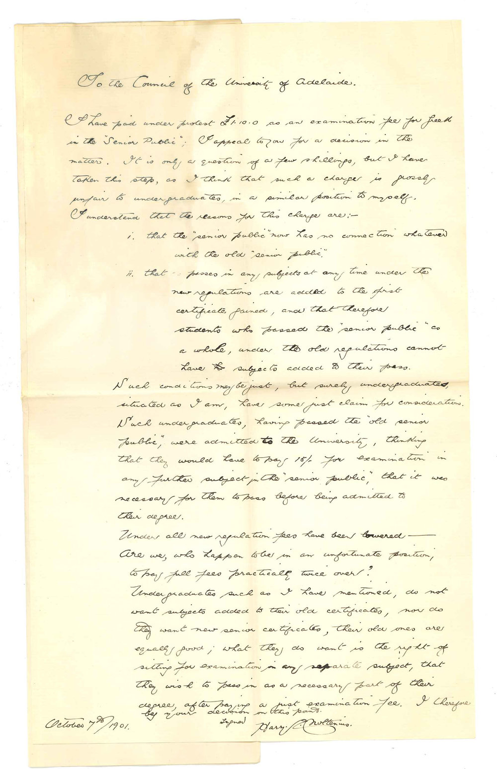 Harry E Noltenius - The University - Concerning fees for Senior Public Examination