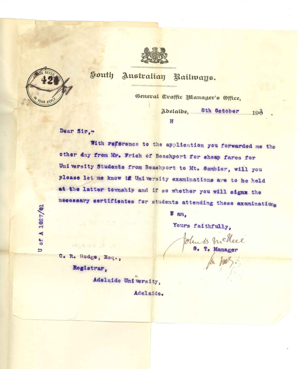 John B McNeil - General Transport Manager - South Australian Railways Adelaide - Reduction of fare to students attending Examinations