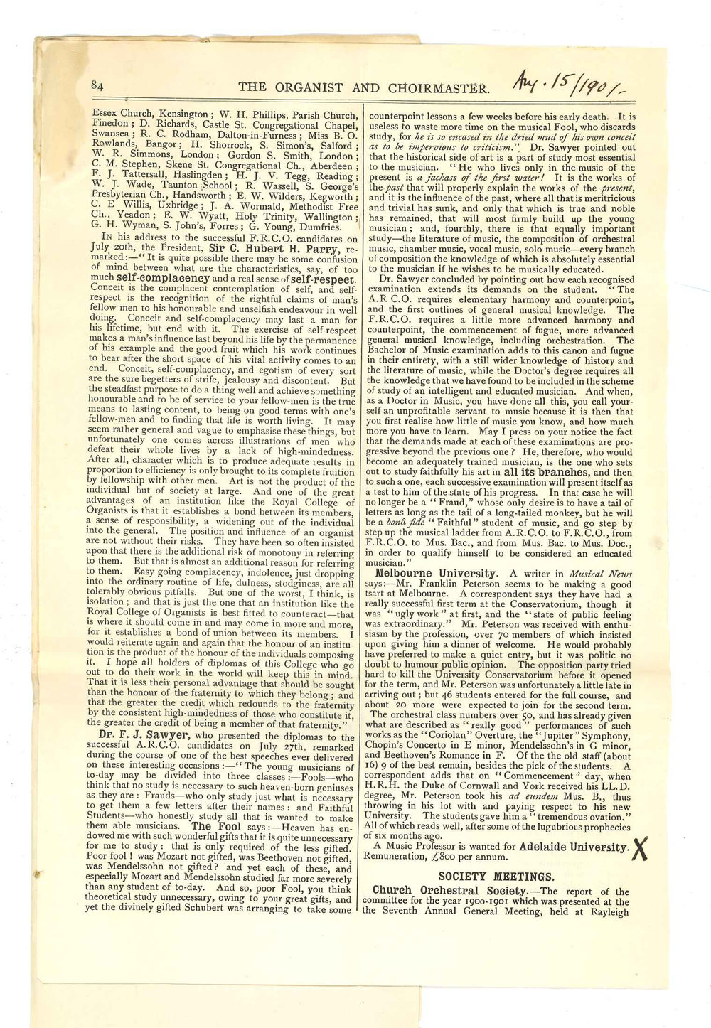 Edward E Harper - Southport England - Concerning application for position of Professor of Music
