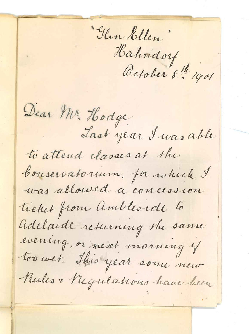 Miss Fanny F Watson - Hahndorf - Reduction of railway fare from Ambleside