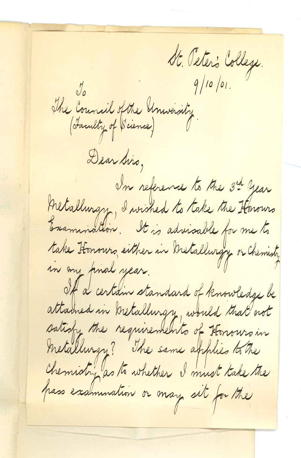 J S Thomson - St Peters - Concerning examination for third year Metallurgy