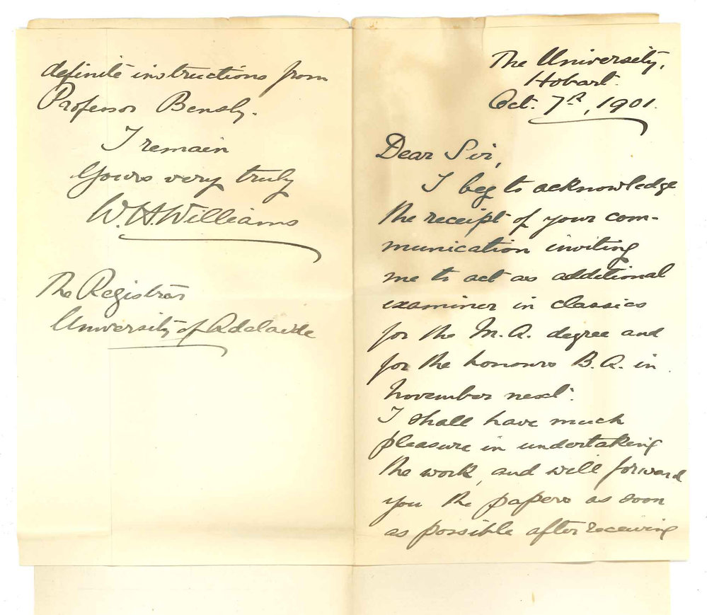 Professor W H Williams - Hobart - Will act as additional in Classics for MA and BA Degrees