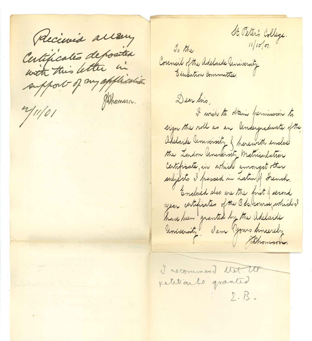 J S Thomson - St Peters College - Admission as an undergraduate etc