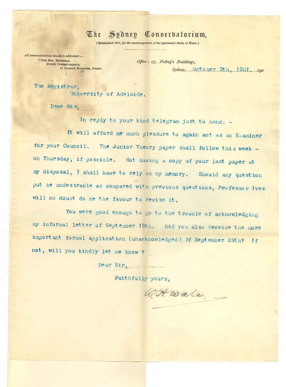 W H Wale - Sydney - Will act as an examiner in Theory of Music